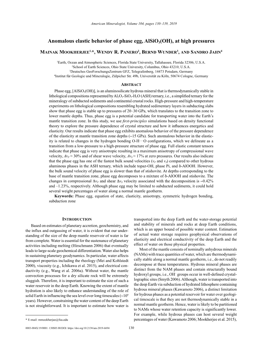 Anomalous Elastic Behavior of Phase Egg, Alsio3(OH), at High Pressures