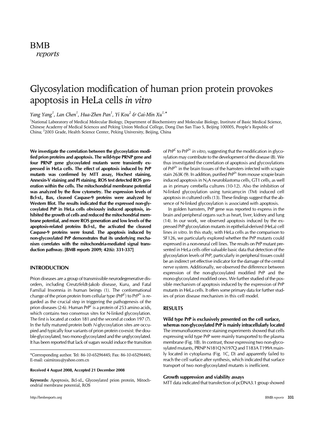 Glycosylation Modification of Human Prion Protein Provokes Apoptosis in Hela Cells in Vitro