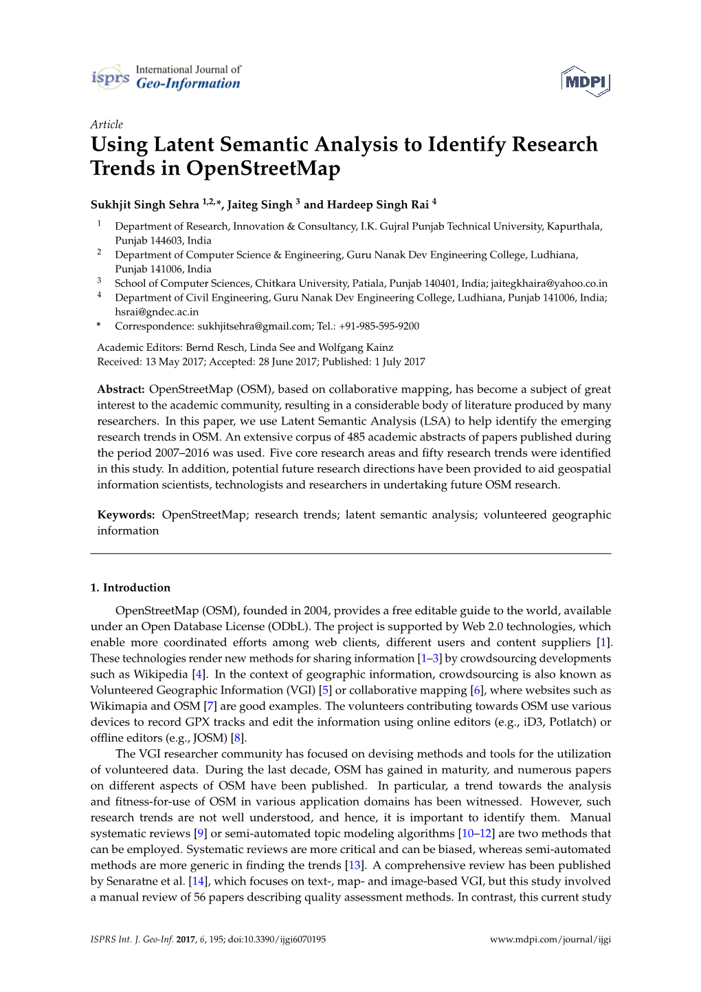 Using Latent Semantic Analysis to Identify Research Trends in Openstreetmap