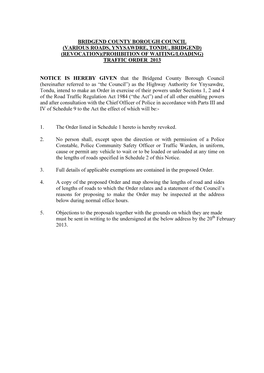 Various Roads, Ynysawdre, Tondu, Bridgend) (Revocation)(Prohibition of Waiting/Loading) Traffic Order 2013