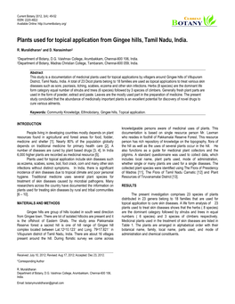 Plants Used for Topical Application from Gingee Hills, Tamil Nadu, India