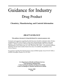 Draft Guidance for Industry: Drug Product; Chemistry, Manufacturing