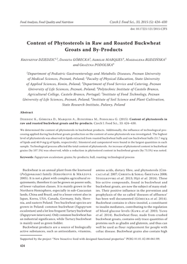 Content of Phytosterols in Raw and Roasted Buckwheat Groats and By-Products