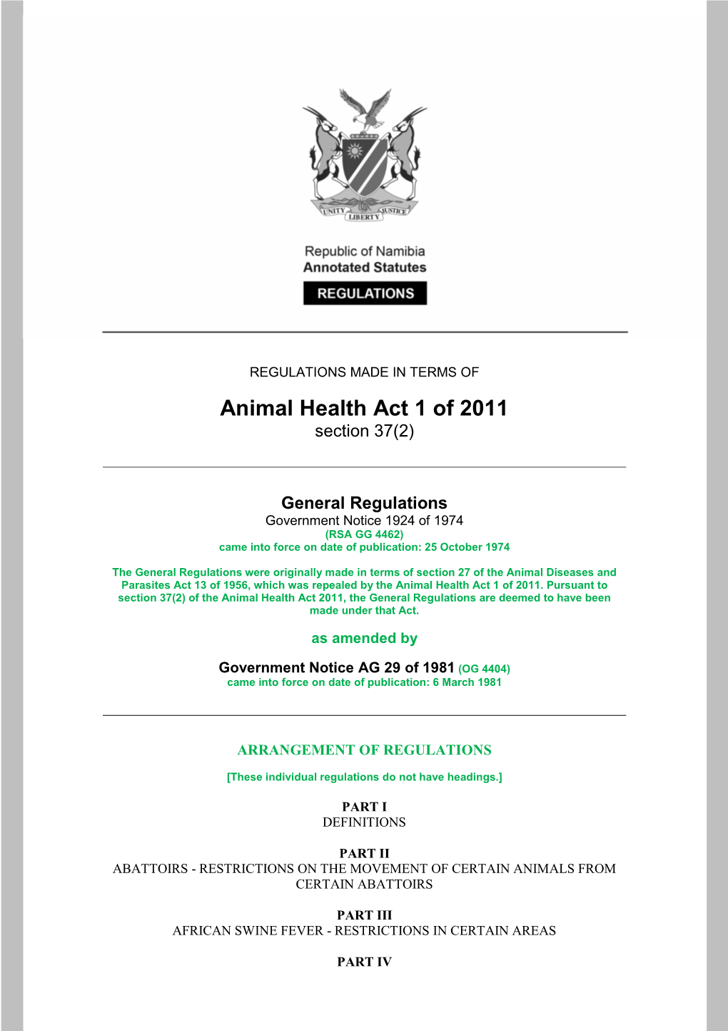Animal Health Act 1 of 2011 General Regulations