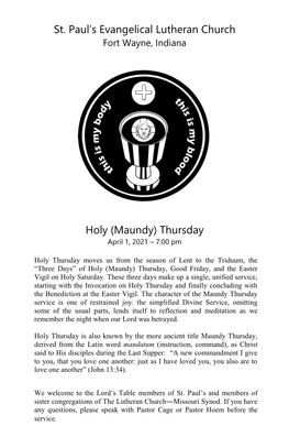 St. Paul's Evangelical Lutheran Church Holy (Maundy) Thursday
