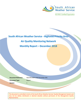 South African Weather Service - Highveld Priority Area Air Quality Monitoring Network Monthly Report – December 2018