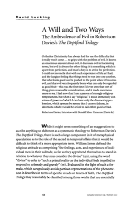 A Will and Two Ways the Ambivalence of Evil in Robertson Davies's the Deptford Trilogy