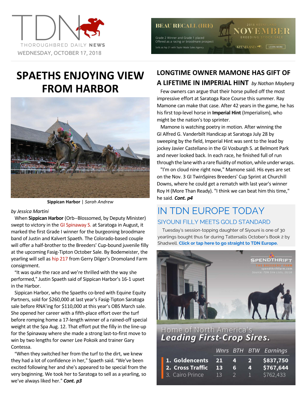 IN TDN EUROPE TODAY When Sippican Harbor (Orb--Blossomed, by Deputy Minister) Swept to Victory in the GI Spinaway S