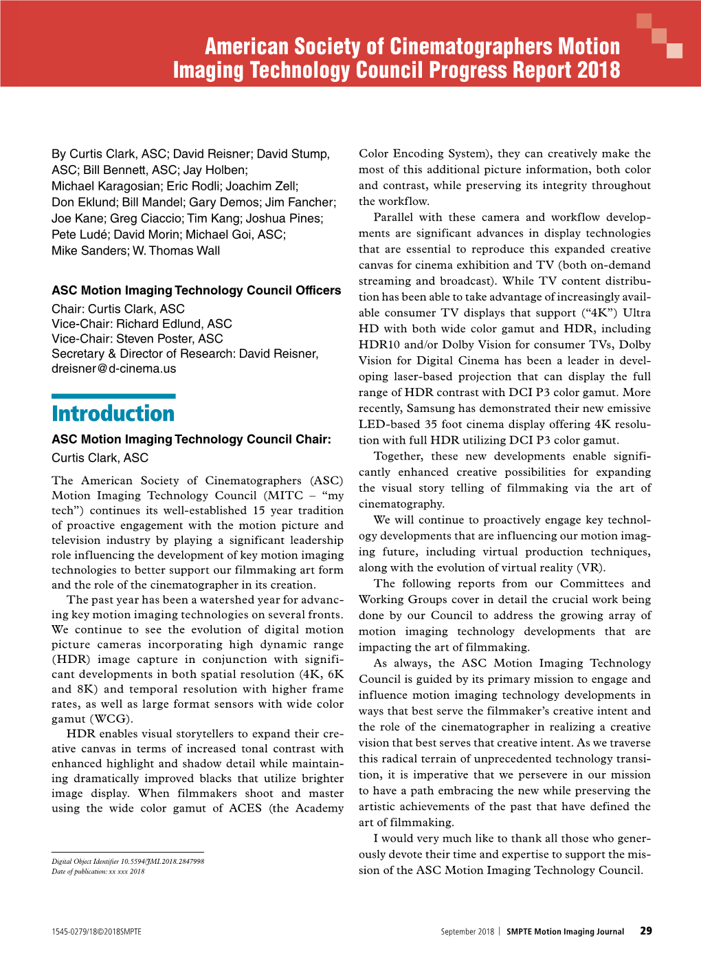 American Society of Cinematographers Motion Imaging Technology Council Progress Report 2018