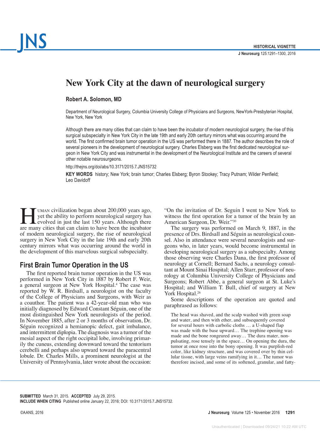 New York City at the Dawn of Neurological Surgery