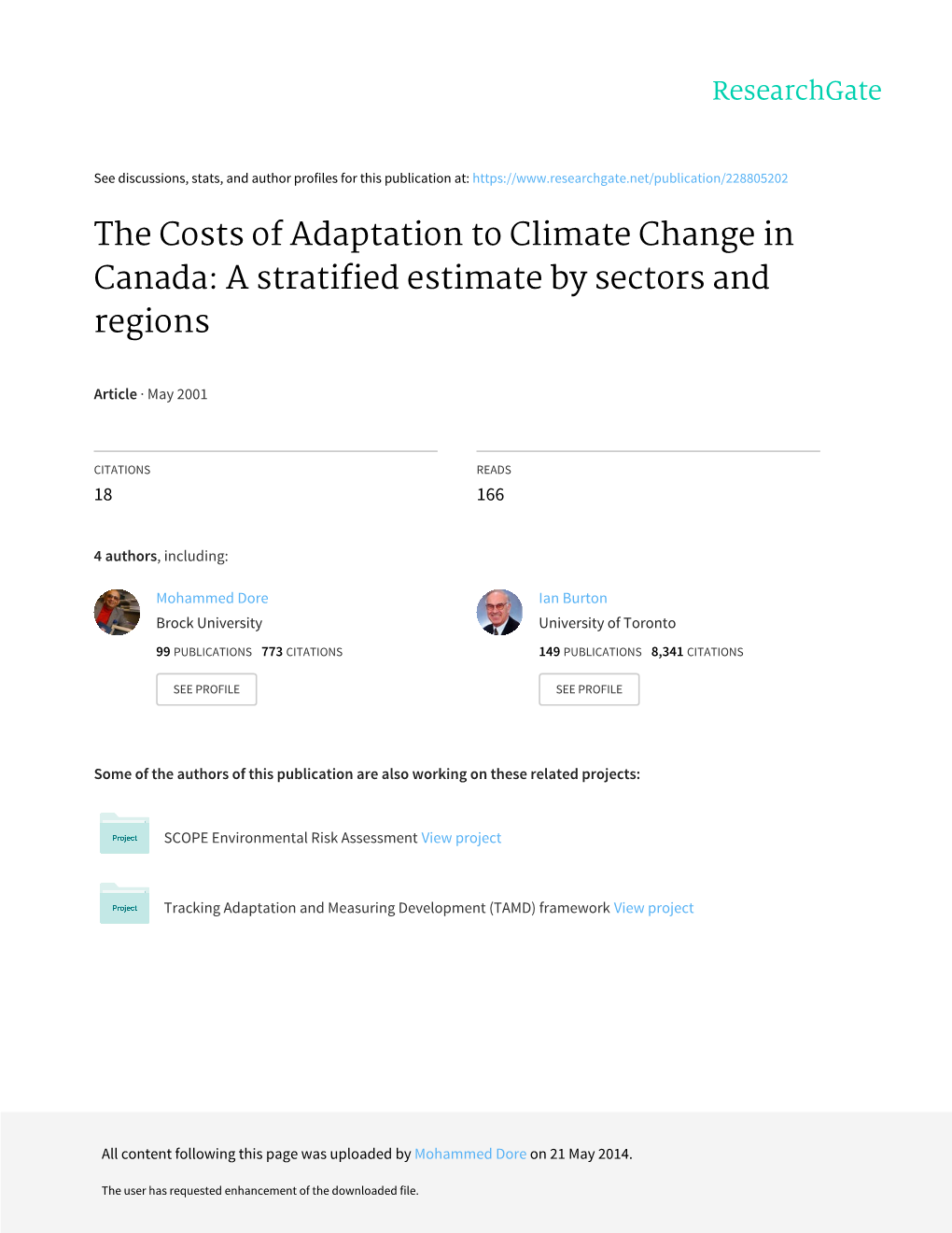 The Costs of Adaptation to Climate Change in Canada: a Stratified Estimate by Sectors and Regions