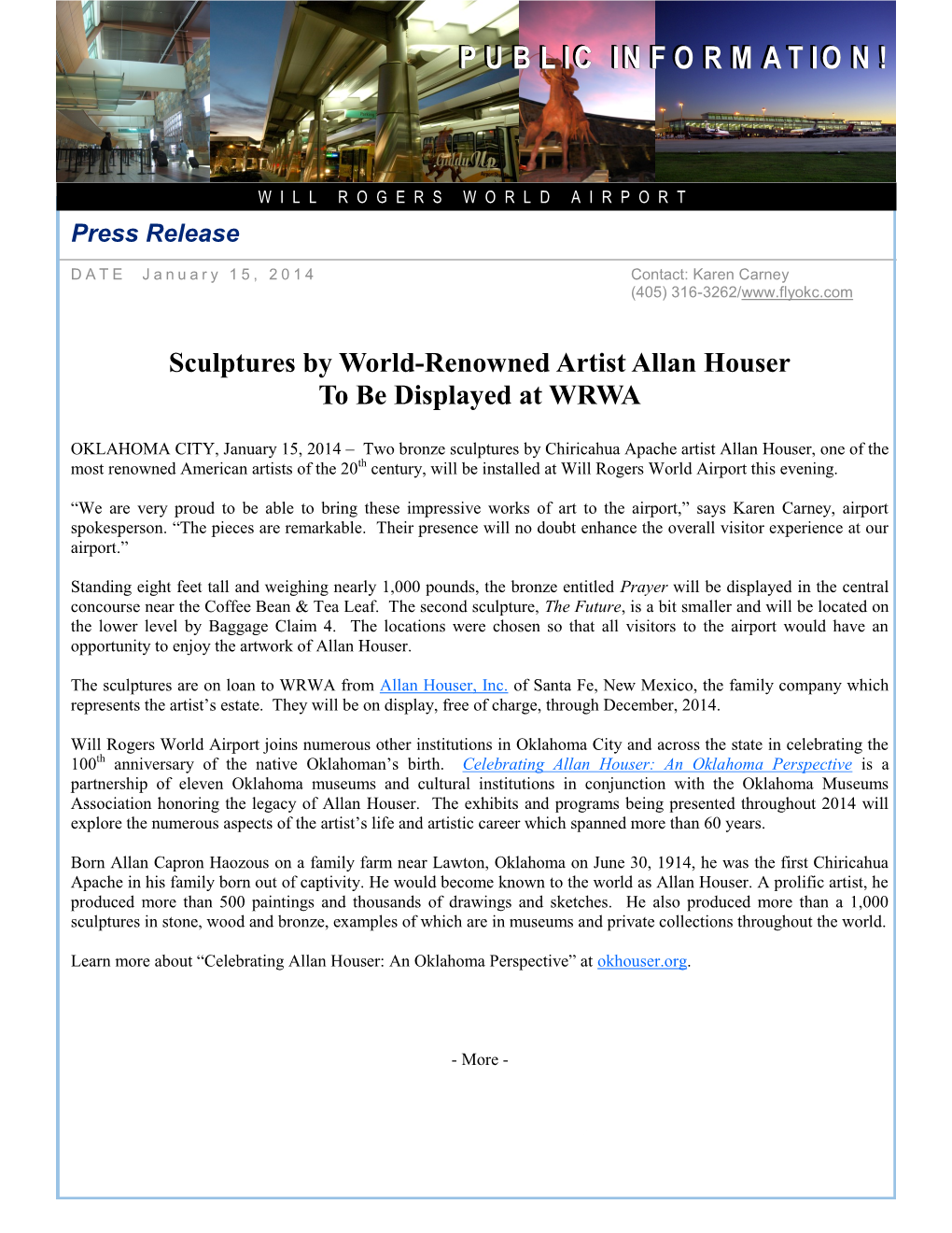 Sculptures by World-Renowned Artist Allan Houser to Be Displayed at WRWA