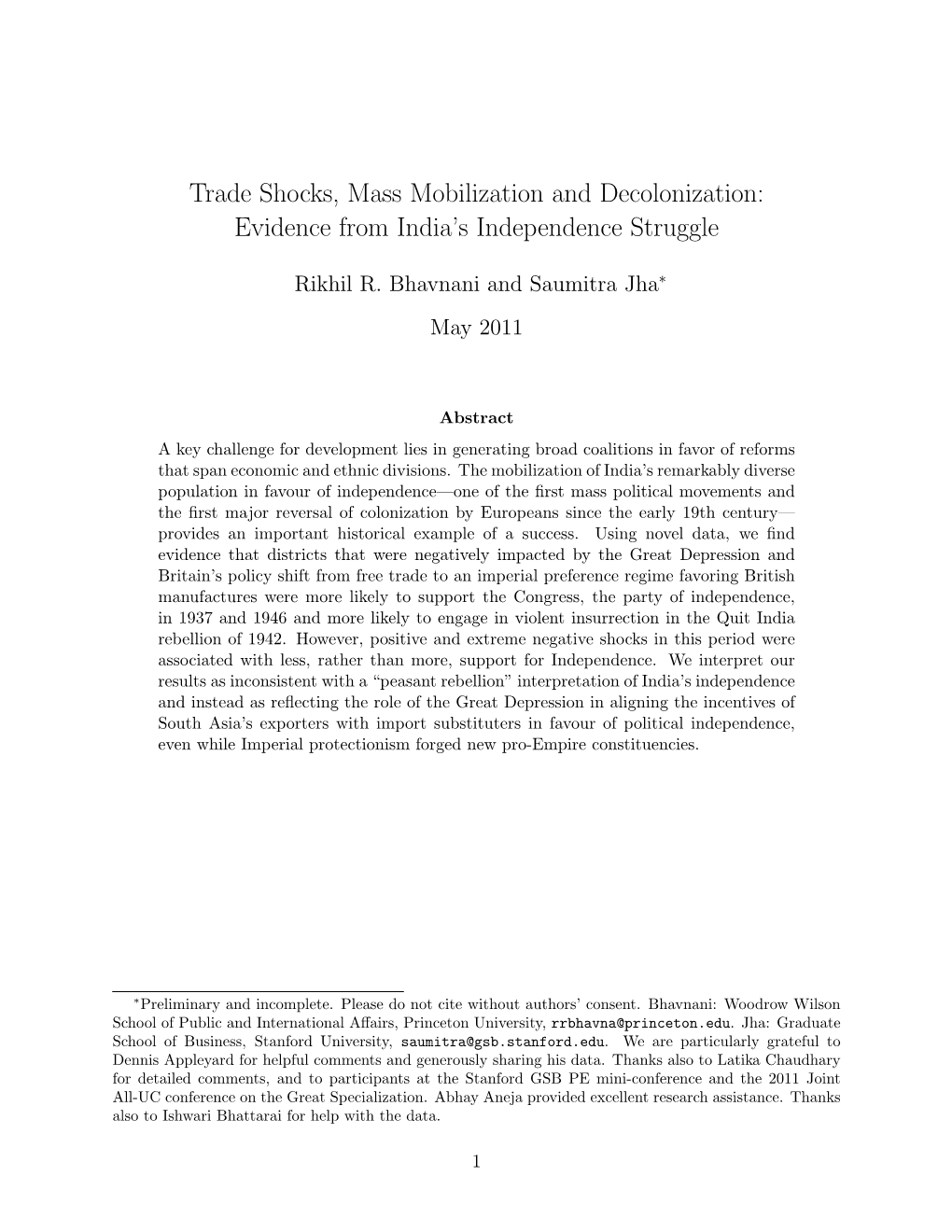 Trade Shocks, Mass Mobilization and Decolonization: Evidence from India’S Independence Struggle