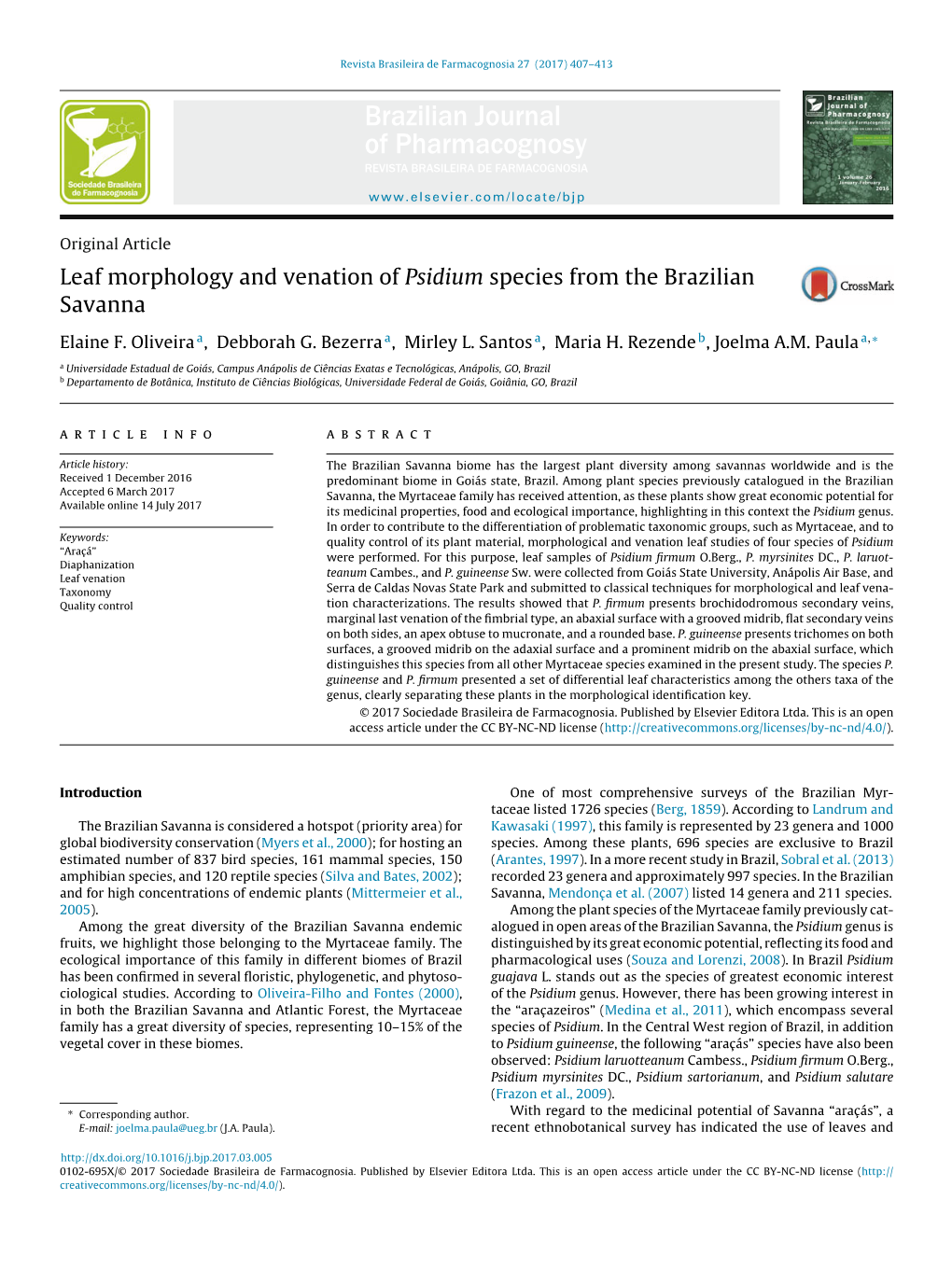 Leaf Morphology and Venation of Psidium Species from the Brazilian Savanna