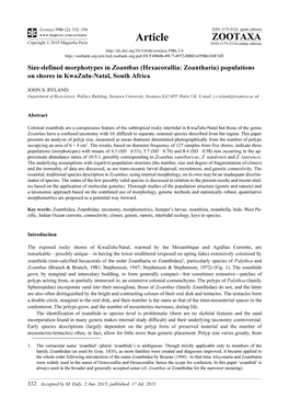 Hexacorallia: Zoantharia) Populations on Shores in Kwazulu-Natal, South Africa