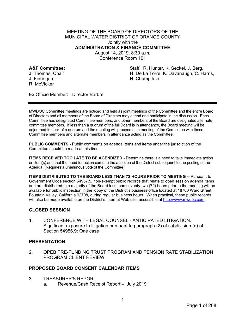 OF the BOARD of DIRECTORS of the MUNICIPAL WATER DISTRICT of ORANGE COUNTY Jointly with the ADMINISTRATION & FINANCE COMMITTEE August 14, 2019, 8:30 A.M