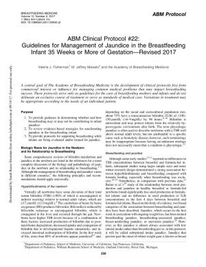 ABM Clinical Protocol #22: Guidelines for Management of Jaundice in the Breastfeeding Infant 35 Weeks Or More of Gestation—Revised 2017