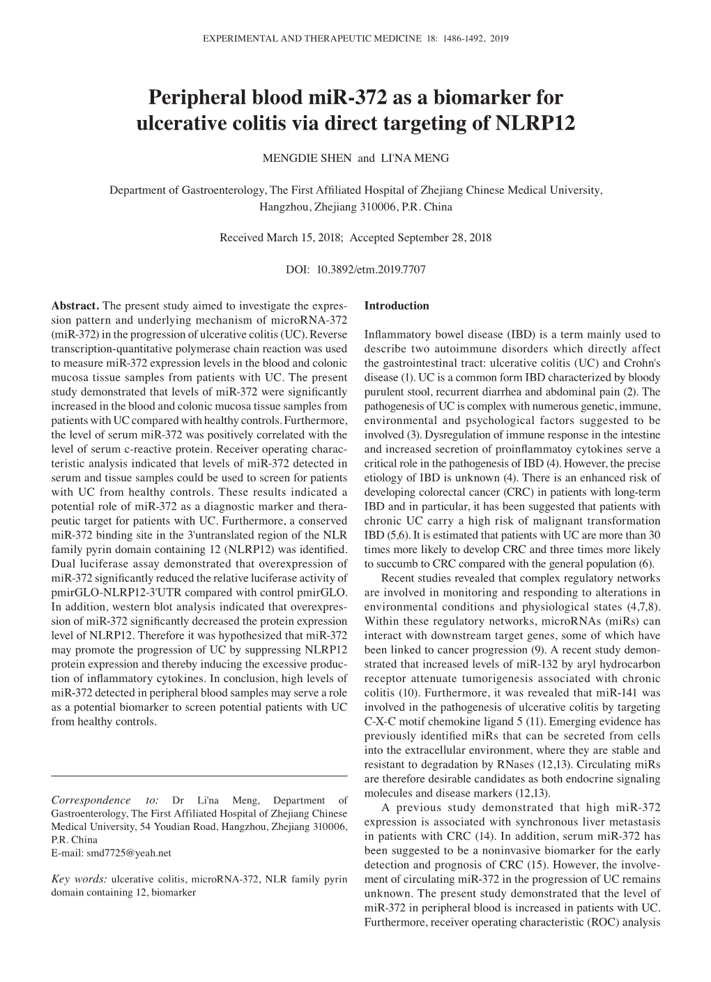 Peripheral Blood Mir‑372 As a Biomarker for Ulcerative Colitis Via Direct Targeting of NLRP12