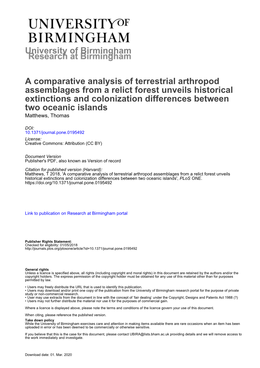 A Comparative Analysis of Terrestrial Arthropod Assemblages from a Relict