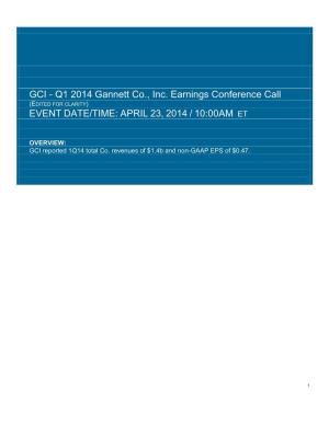 Transcript of First-Quarter 2014 Earnings Conference Call