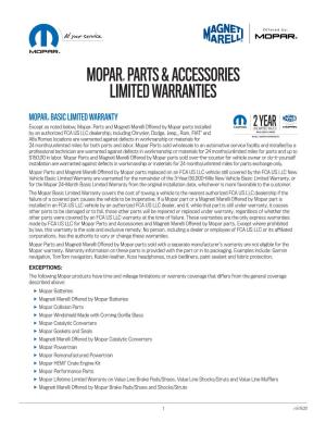 Mopar Parts and Accessories Basic Limited Warranties