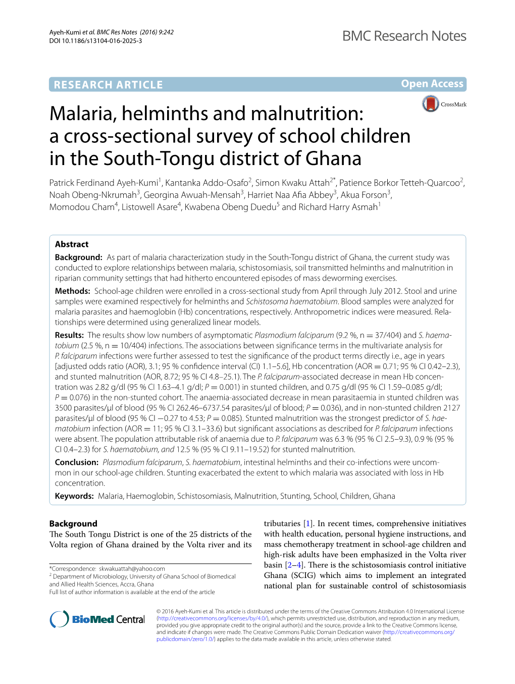 Malaria, Helminths and Malnutrition: a Cross-Sectional Survey of School