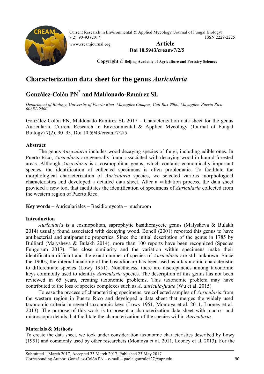 Characterization Data Sheet for the Genus Auricularia