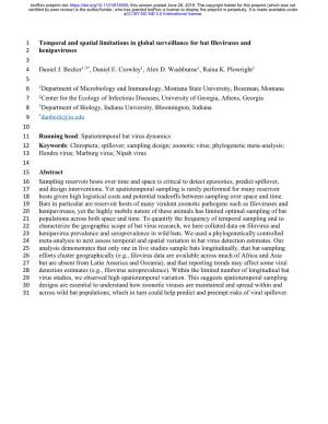 Temporal and Spatial Limitations in Global Surveillance for Bat Filoviruses and 2 Henipaviruses 3 4 Daniel J