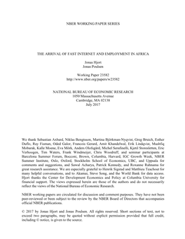 Nber Working Paper Series the Arrival of Fast Internet