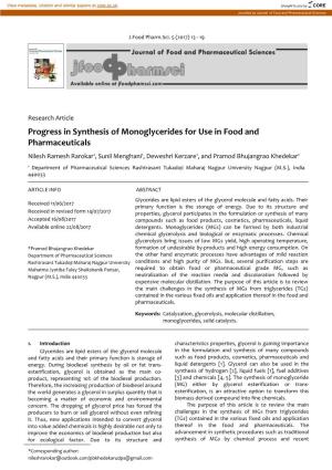 Progress in Synthesis of Monoglycerides for Use in Food and Pharmaceuticals