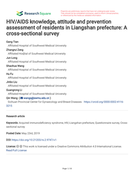HIV/AIDS Knowledge, Attitude and Prevention Assessment of Residents in Liangshan Prefecture: a Cross-Sectional Survey