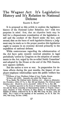 Wagner Act: It's Legislative History and It's Relation to National Defense RALPH S