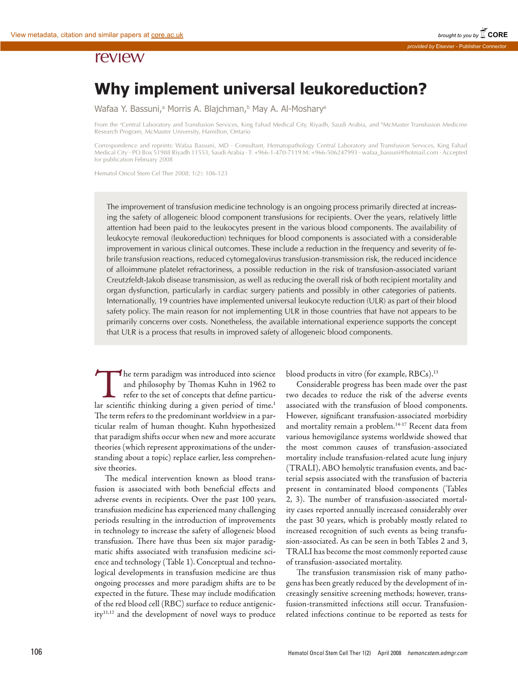 Why Implement Universal Leukoreduction? Wafaa Y