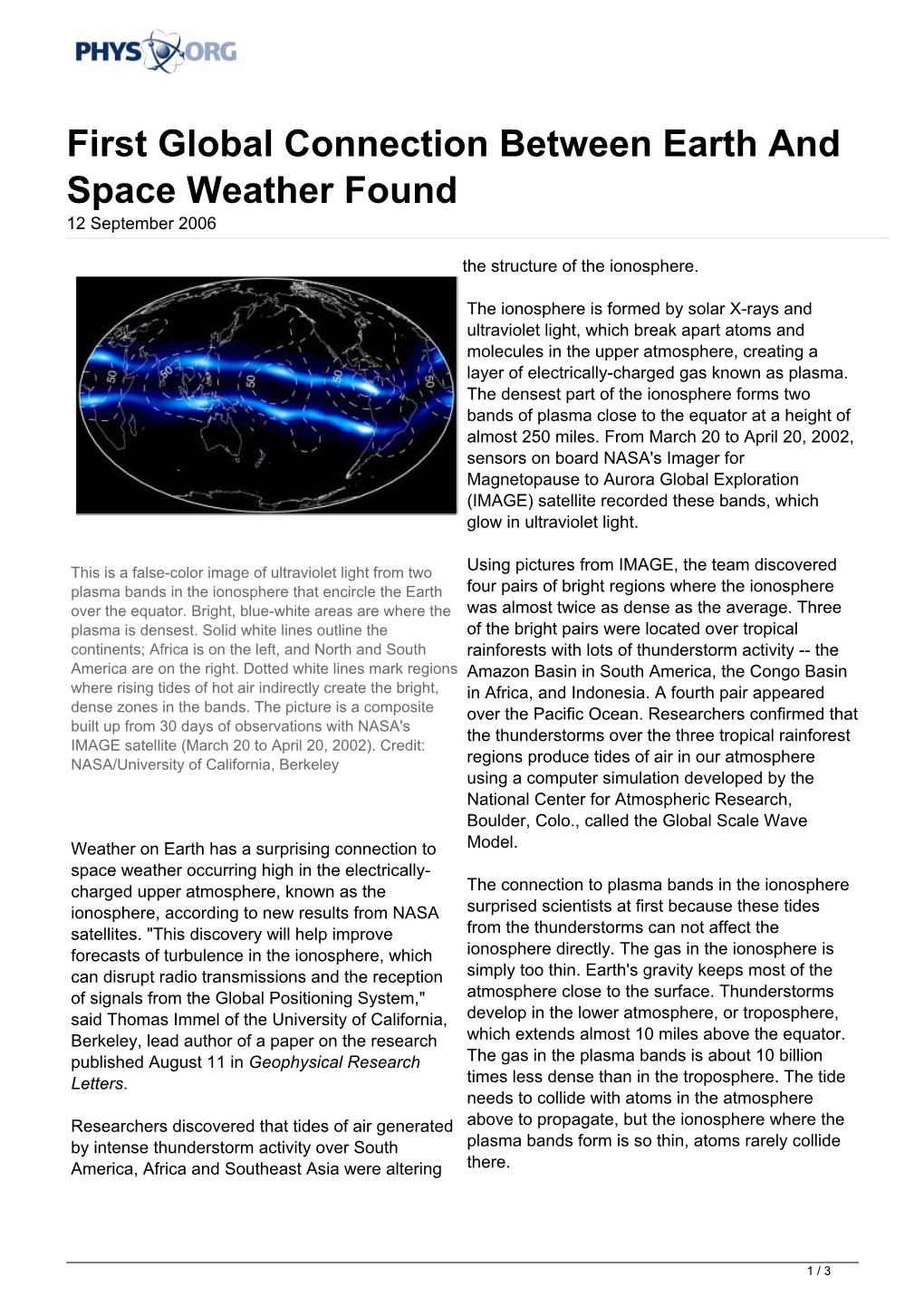 First Global Connection Between Earth and Space Weather Found 12 September 2006