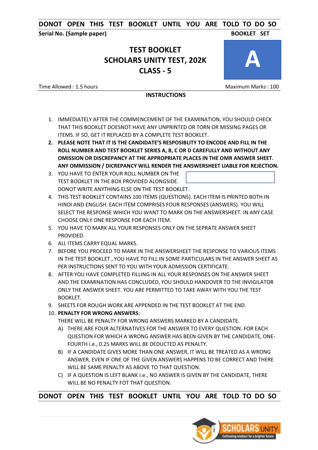 Test Booklet Scholars Unity Test, 202K Class - 5 A