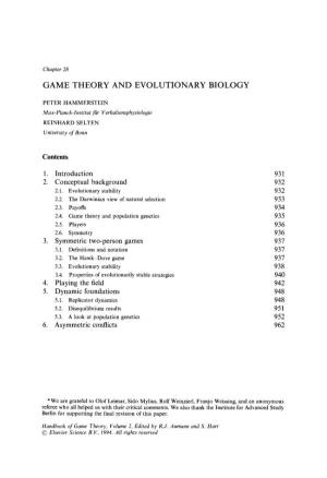 Game Theory and Evolutionary Biology 1