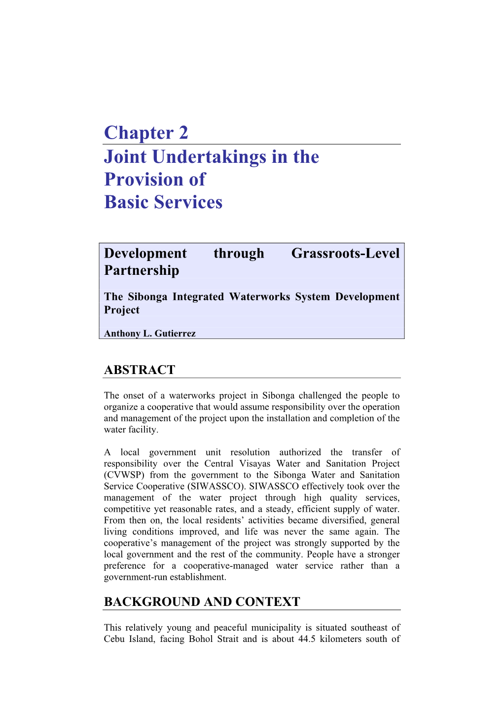 Chapter 2 Joint Undertakings in the Provision of Basic Services