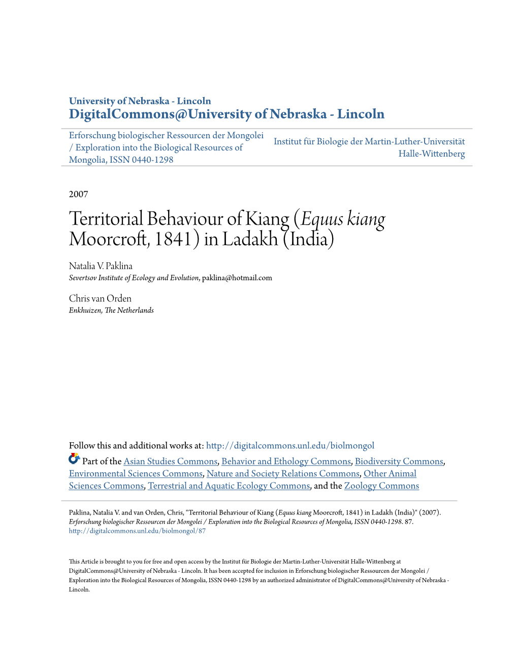 Territorial Behaviour of Kiang (<I>Equus Kiang</I> Moorcroft