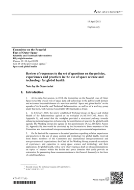 Review of Responses to the Set of Questions on the Policies, Experiences and Practices in the Use of Space Science and Technology for Global Health