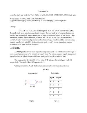 To Study and Verify the Truth Tables of AND, OR, NOT, NAND, NOR, EXOR Logic Gates Components