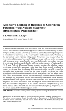 Associative Learning in Response to Color in the Parasitoid Wasp Nasonia Vitripennis (Hymenoptera: Pteromalidae)