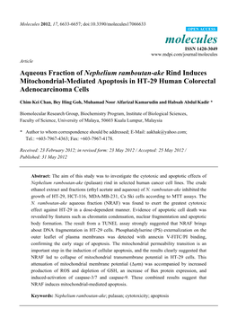 Aqueous Fraction of Nephelium Ramboutan-Ake Rind Induces Mitochondrial-Mediated Apoptosis in HT-29 Human Colorectal Adenocarcinoma Cells