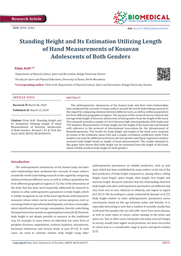 Standing Height and Its Estimation Utilizing Length of Hand Measurements of Kosovan Adolescents of Both Genders