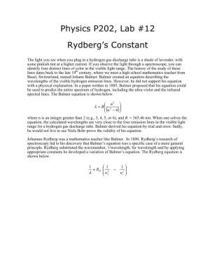 Physics P202, Lab #12 Rydberg's Constant