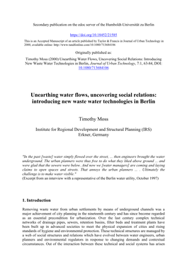Introducing New Waste Water Technologies in Berlin, Journal of Urban Technology, 7:1, 63-84, DOI: 10.1080/713684106