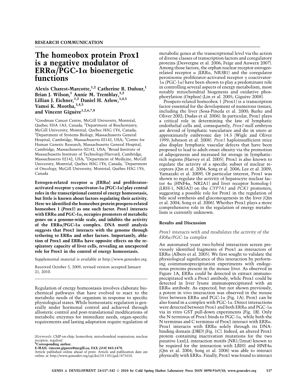 The Homeobox Protein Prox1 Is a Negative Modulator of Erra/PGC
