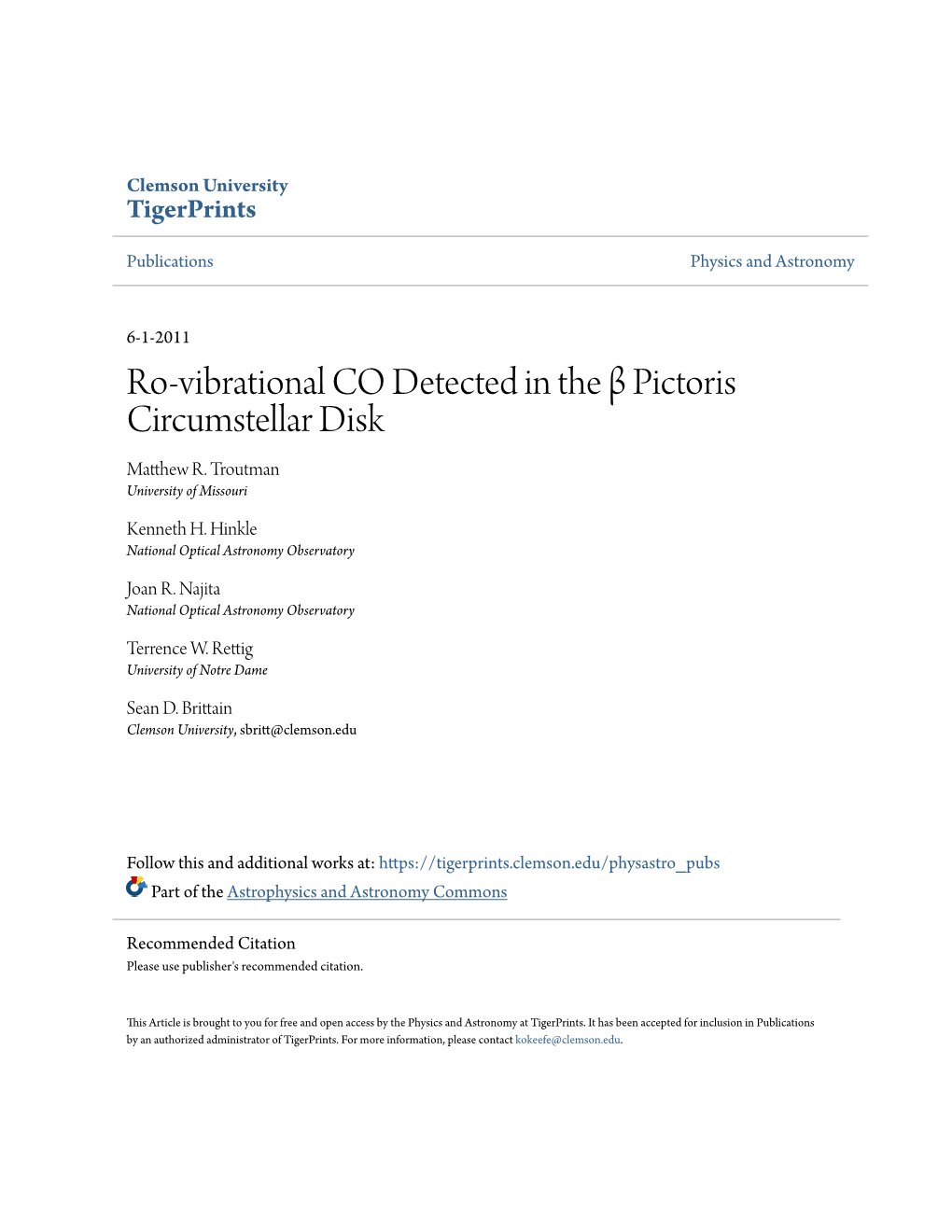 Ro-Vibrational CO Detected in the Β Pictoris Circumstellar Disk Matthew R