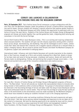 Cerruti 1881 Launches a Collaboration with Parsons Paris and the Woolmark Company