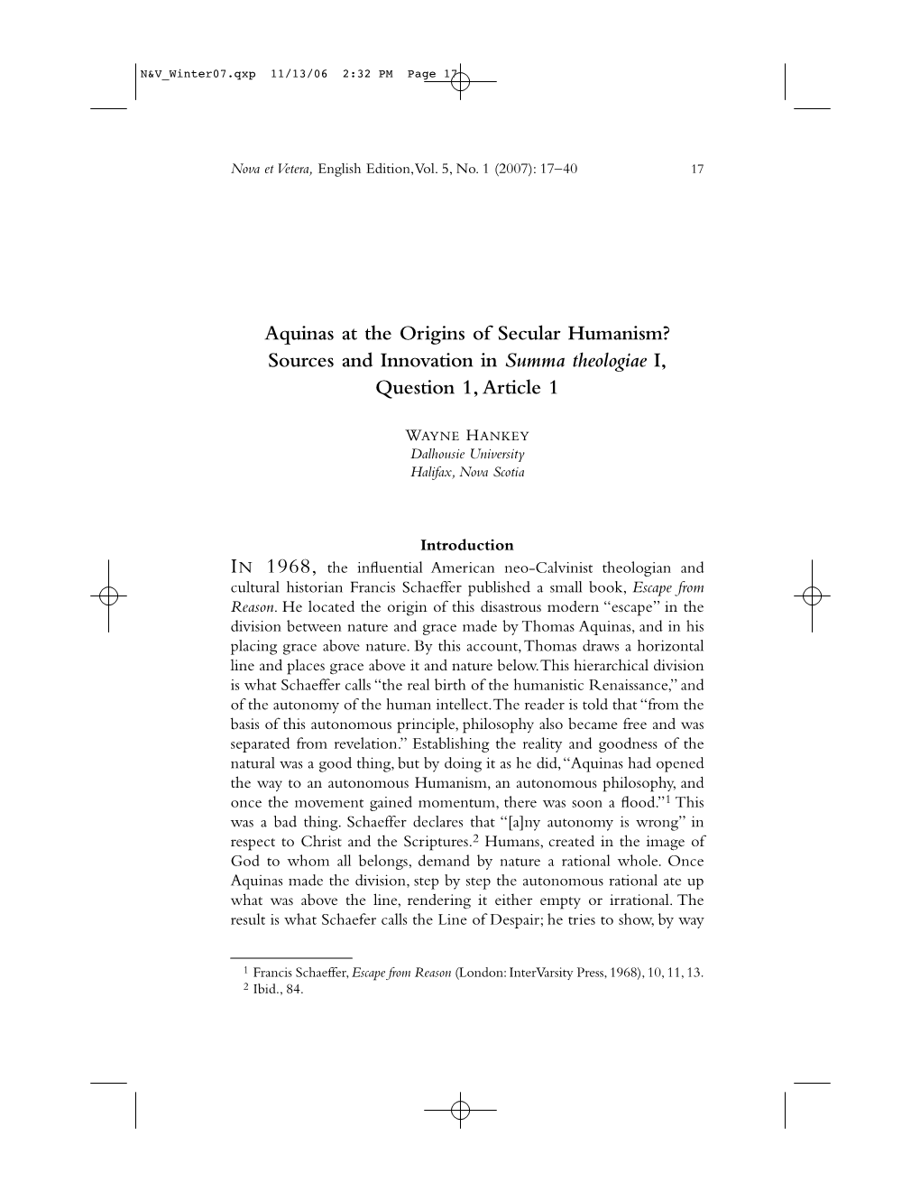 Aquinas at the Origins of Secular Humanism? Sources and Innovation in Summa Theologiae I, Question 1, Article 1