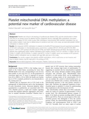 Platelet Mitochondrial DNA Methylation: a Potential New Marker of Cardiovascular Disease Andrea a Baccarelli1 and Hyang-Min Byun1,2*